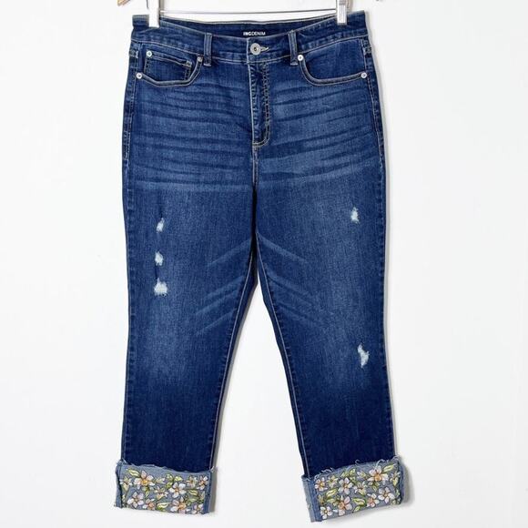INC Women's Jeans 12/31 Embroidered-Cuff Cropped Dark Wash High Rise Distressed - Picture 1 of 10